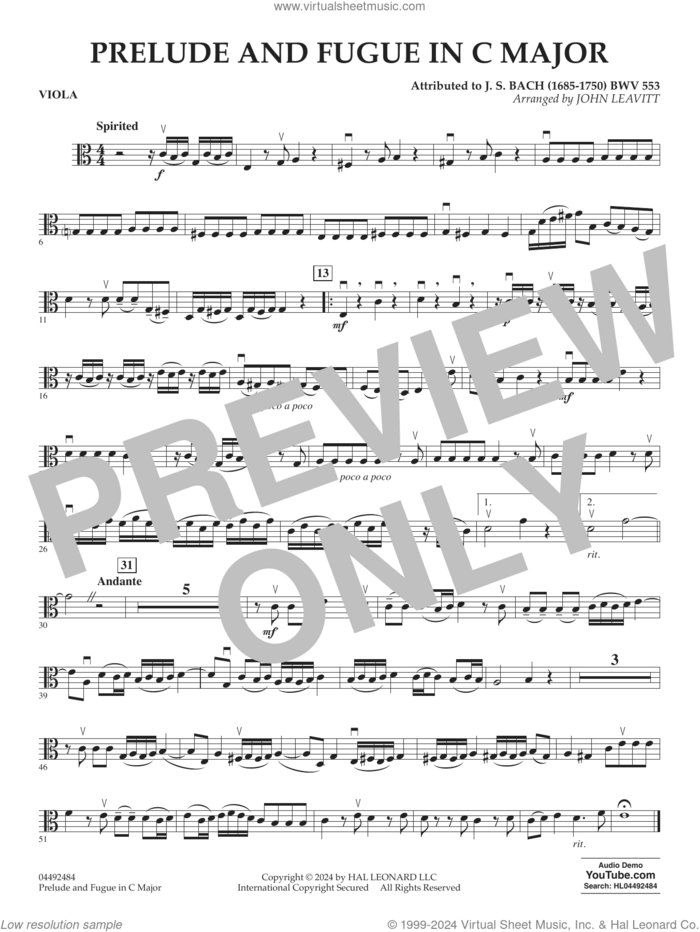 Prelude and Fugue in C Major (BWV 553) sheet music for orchestra (viola) by Johann Sebastian Bach, John Leavitt and John Leavitt (arr.), intermediate skill level