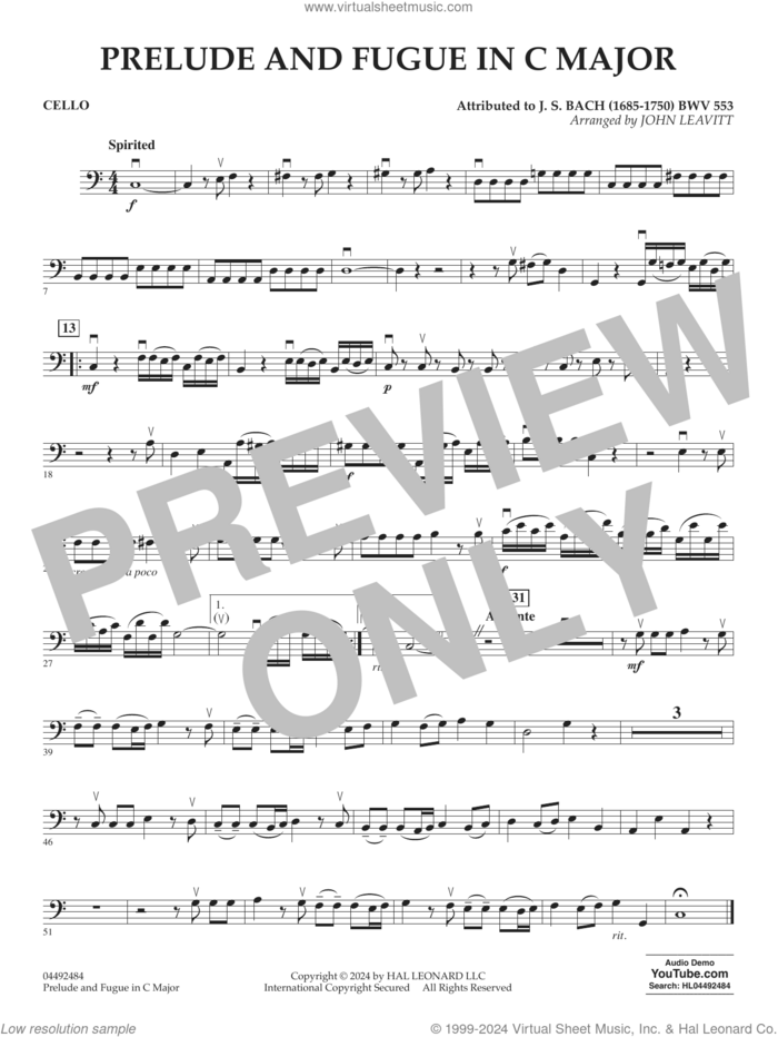 Prelude and Fugue in C Major (BWV 553) sheet music for orchestra (cello) by Johann Sebastian Bach, John Leavitt and John Leavitt (arr.), intermediate skill level