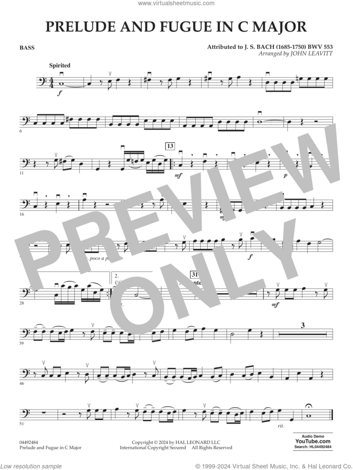 Prelude and Fugue in C Major (BWV 553) sheet music for orchestra (bass) by Johann Sebastian Bach, John Leavitt and John Leavitt (arr.), intermediate skill level