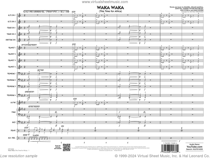 Waka Waka (This Time for Africa) sheet music for jazz band (full score) by Shakira, Michele Fernandez, Emile Kojidie, Eugene Victor Doo Belley, Jean Ze Bella, John Hill and Zolani Mahola, intermediate skill level