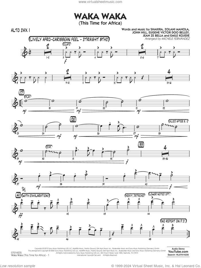 Waka Waka (This Time for Africa) sheet music for jazz band (alto sax 1) by Shakira, Michele Fernandez, Emile Kojidie, Eugene Victor Doo Belley, Jean Ze Bella, John Hill and Zolani Mahola, intermediate skill level