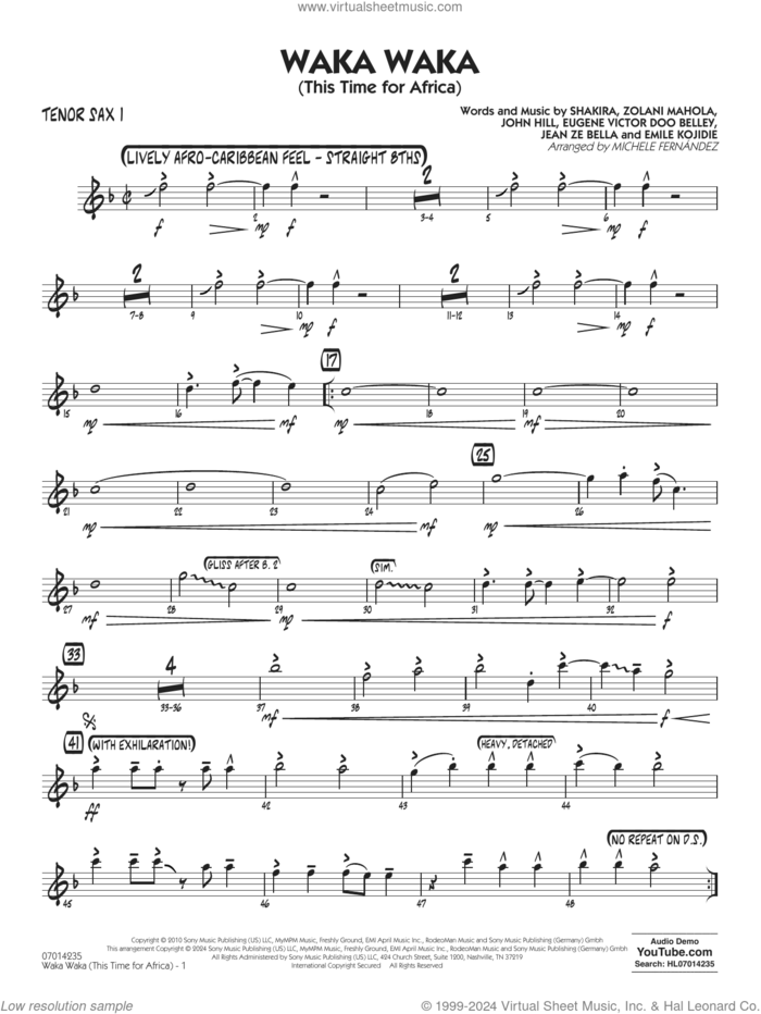 Waka Waka (This Time for Africa) sheet music for jazz band (tenor sax 1) by Shakira, Michele Fernandez, Emile Kojidie, Eugene Victor Doo Belley, Jean Ze Bella, John Hill and Zolani Mahola, intermediate skill level