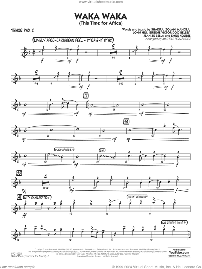 Waka Waka (This Time for Africa) sheet music for jazz band (tenor sax 2) by Shakira, Michele Fernandez, Emile Kojidie, Eugene Victor Doo Belley, Jean Ze Bella, John Hill and Zolani Mahola, intermediate skill level