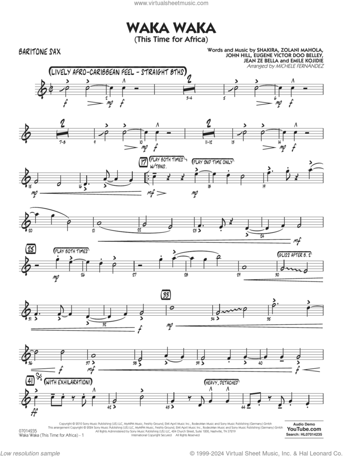 Waka Waka (This Time for Africa) sheet music for jazz band (baritone sax) by Shakira, Michele Fernandez, Emile Kojidie, Eugene Victor Doo Belley, Jean Ze Bella, John Hill and Zolani Mahola, intermediate skill level