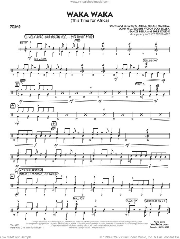 Waka Waka (This Time for Africa) sheet music for jazz band (drums) by Shakira, Michele Fernandez, Emile Kojidie, Eugene Victor Doo Belley, Jean Ze Bella, John Hill and Zolani Mahola, intermediate skill level