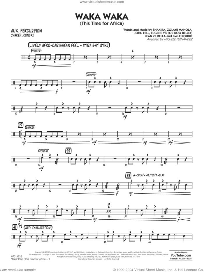 Waka Waka (This Time for Africa) sheet music for jazz band (aux percussion) by Shakira, Michele Fernandez, Emile Kojidie, Eugene Victor Doo Belley, Jean Ze Bella, John Hill and Zolani Mahola, intermediate skill level