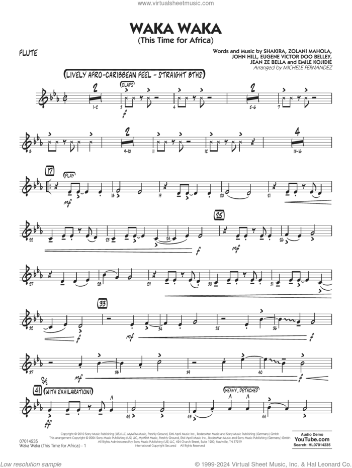 Waka Waka (This Time for Africa) sheet music for jazz band (flute) by Shakira, Michele Fernandez, Emile Kojidie, Eugene Victor Doo Belley, Jean Ze Bella, John Hill and Zolani Mahola, intermediate skill level