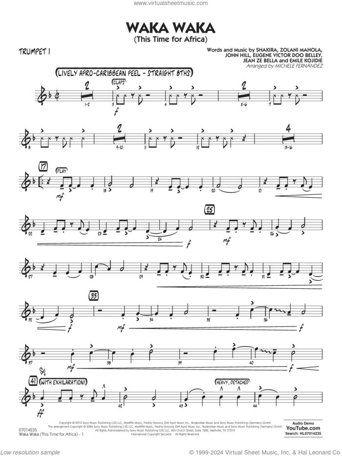 Waka Waka (This Time for Africa) sheet music for jazz band (trumpet 1) by Shakira, Michele Fernandez, Emile Kojidie, Eugene Victor Doo Belley, Jean Ze Bella, John Hill and Zolani Mahola, intermediate skill level