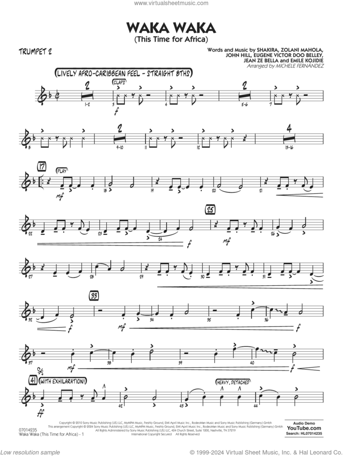 Waka Waka (This Time for Africa) sheet music for jazz band (trumpet 2) by Shakira, Michele Fernandez, Emile Kojidie, Eugene Victor Doo Belley, Jean Ze Bella, John Hill and Zolani Mahola, intermediate skill level