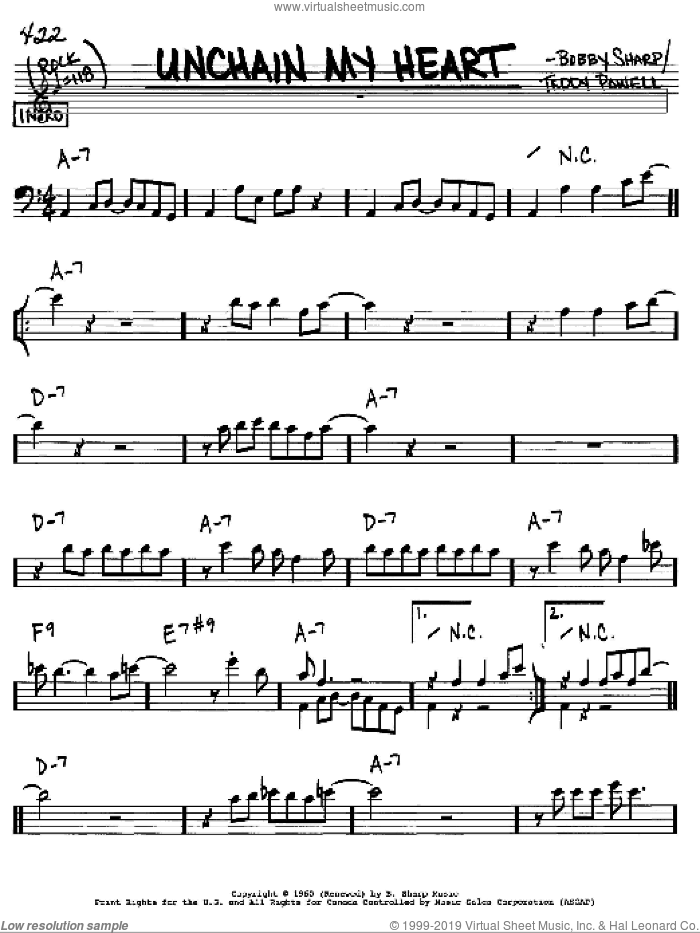 Unchain My Heart sheet music for voice and other instruments (bass clef) by Ray Charles, Bobby Sharp and Teddy Powell, intermediate skill level