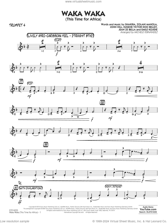 Waka Waka (This Time for Africa) sheet music for jazz band (trumpet 4) by Shakira, Michele Fernandez, Emile Kojidie, Eugene Victor Doo Belley, Jean Ze Bella, John Hill and Zolani Mahola, intermediate skill level