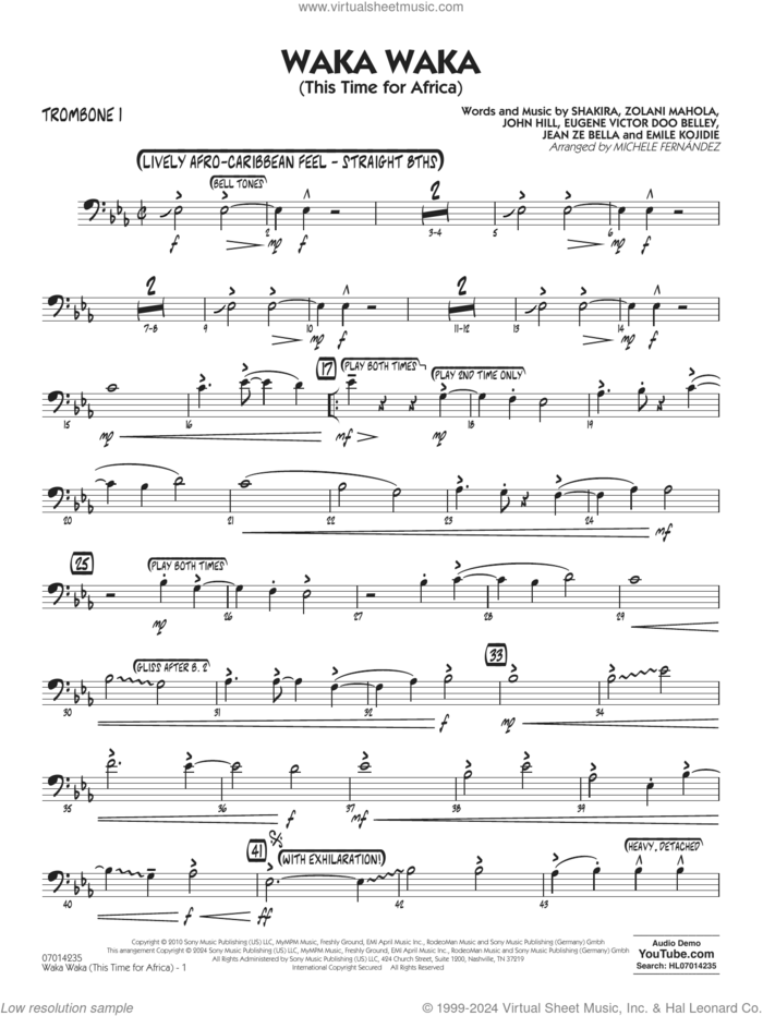 Waka Waka (This Time for Africa) sheet music for jazz band (trombone 1) by Shakira, Michele Fernandez, Emile Kojidie, Eugene Victor Doo Belley, Jean Ze Bella, John Hill and Zolani Mahola, intermediate skill level