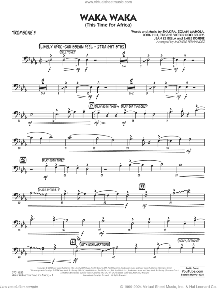 Waka Waka (This Time for Africa) sheet music for jazz band (trombone 3) by Shakira, Michele Fernandez, Emile Kojidie, Eugene Victor Doo Belley, Jean Ze Bella, John Hill and Zolani Mahola, intermediate skill level