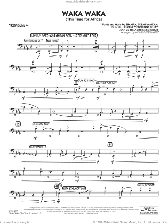 Waka Waka (This Time for Africa) sheet music for jazz band (trombone 4) by Shakira, Michele Fernandez, Emile Kojidie, Eugene Victor Doo Belley, Jean Ze Bella, John Hill and Zolani Mahola, intermediate skill level