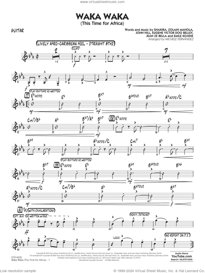 Waka Waka (This Time for Africa) sheet music for jazz band (guitar) by Shakira, Michele Fernandez, Emile Kojidie, Eugene Victor Doo Belley, Jean Ze Bella, John Hill and Zolani Mahola, intermediate skill level