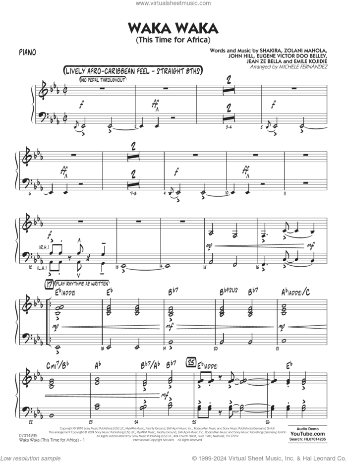 Waka Waka (This Time for Africa) sheet music for jazz band (piano) by Shakira, Michele Fernandez, Emile Kojidie, Eugene Victor Doo Belley, Jean Ze Bella, John Hill and Zolani Mahola, intermediate skill level