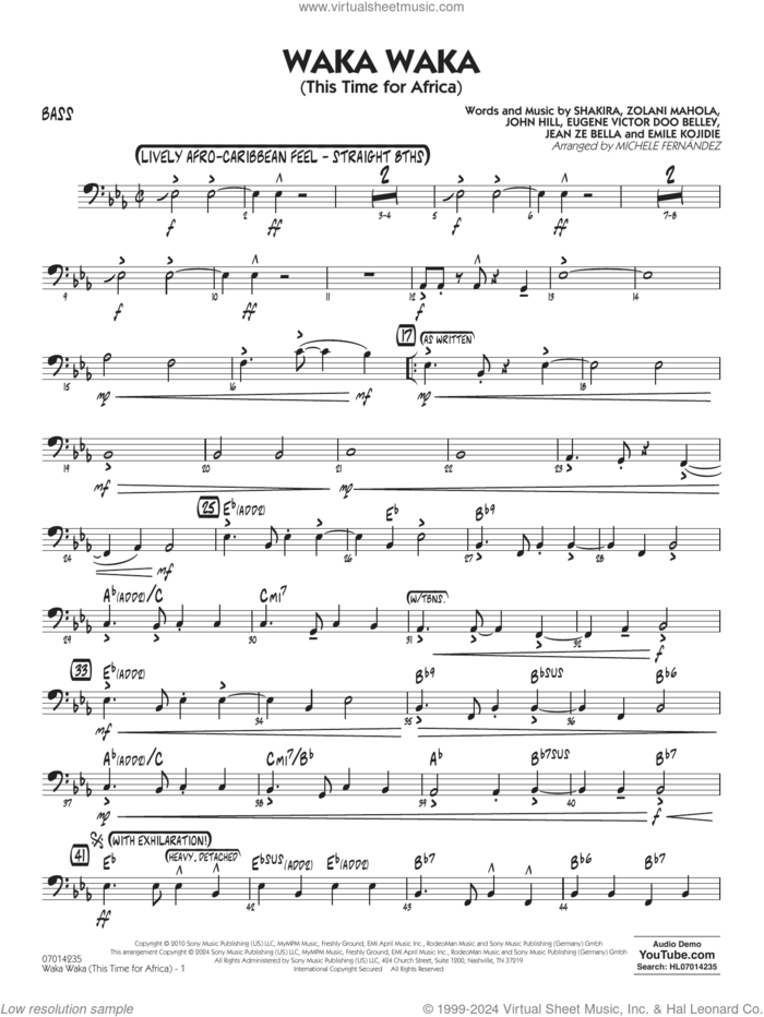 Waka Waka (This Time for Africa) sheet music for jazz band (bass) by Shakira, Michele Fernandez, Emile Kojidie, Eugene Victor Doo Belley, Jean Ze Bella, John Hill and Zolani Mahola, intermediate skill level