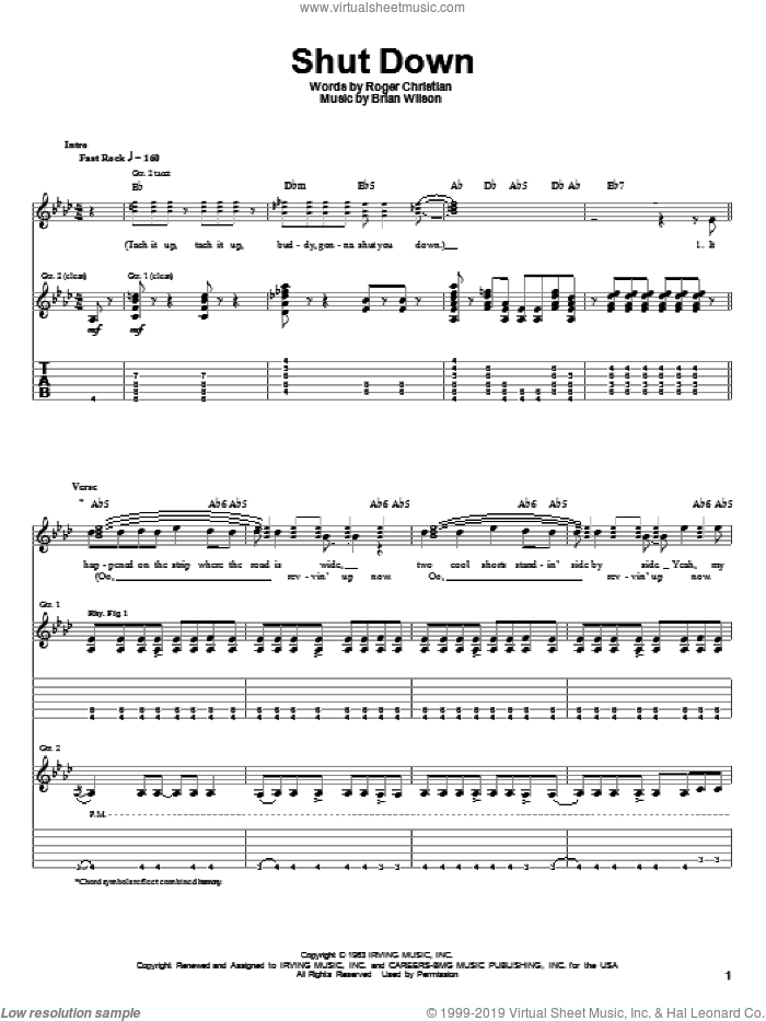 Shut Down sheet music for guitar (tablature) by The Beach Boys, Brian Wilson and Roger Christian, intermediate skill level