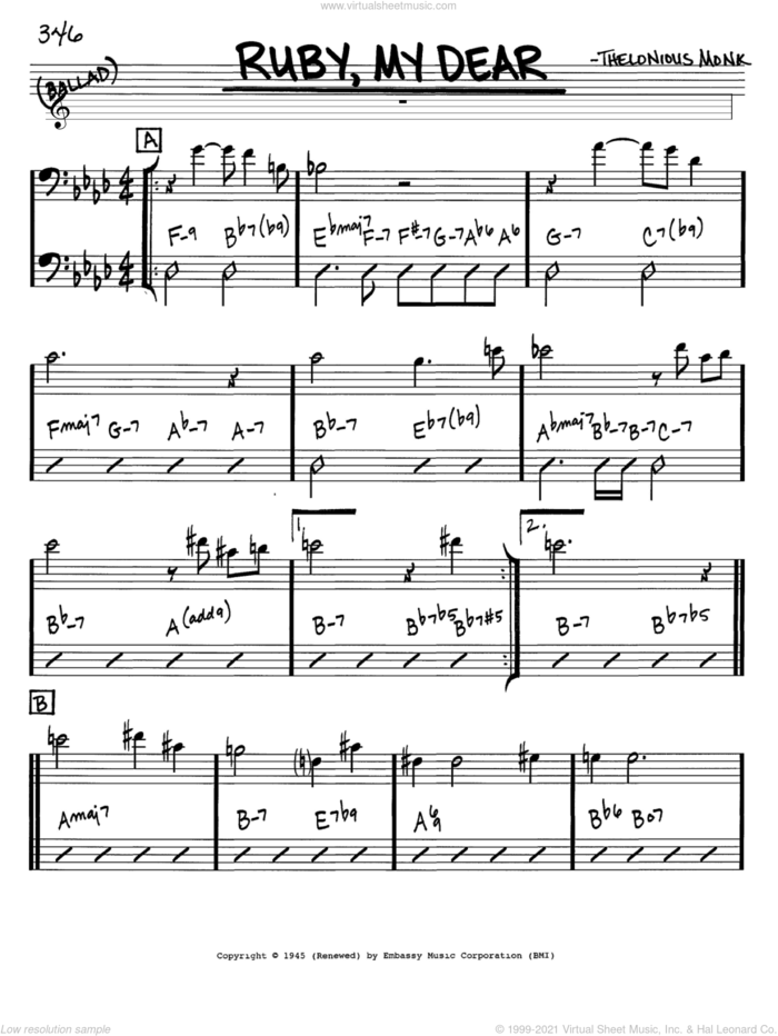 Ruby, My Dear sheet music for voice and other instruments (bass clef) by Thelonious Monk, intermediate skill level