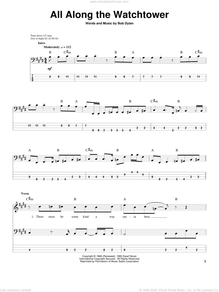 All Along The Watchtower sheet music for bass (tablature) (bass guitar) by Jimi Hendrix, U2 and Bob Dylan, intermediate skill level