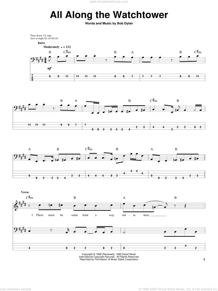 All Along The Watchtower sheet music for bass (tablature) (bass guitar) by Jimi Hendrix, U2 and Bob Dylan, intermediate skill level