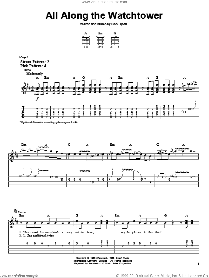All Along The Watchtower sheet music for guitar solo (easy tablature) by Jimi Hendrix, U2 and Bob Dylan, easy guitar (easy tablature)