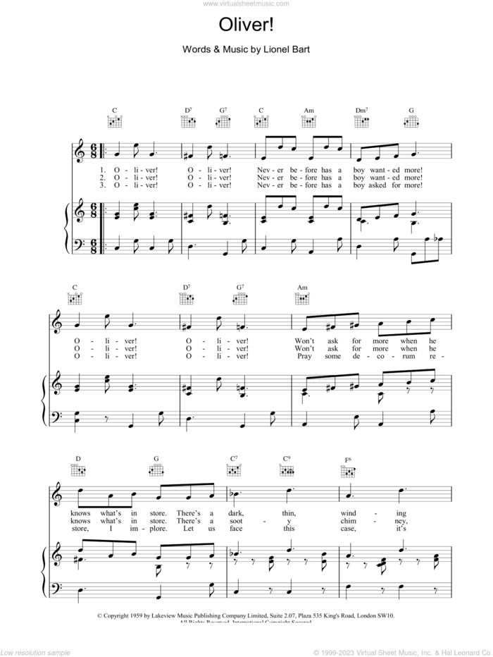 Oliver! sheet music for voice, piano or guitar by Lionel Bart, intermediate skill level