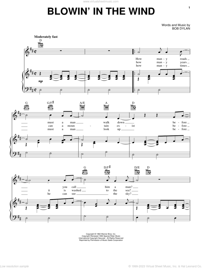Blowin' In The Wind sheet music for voice, piano or guitar by Bob Dylan and Peter, Paul & Mary, intermediate skill level