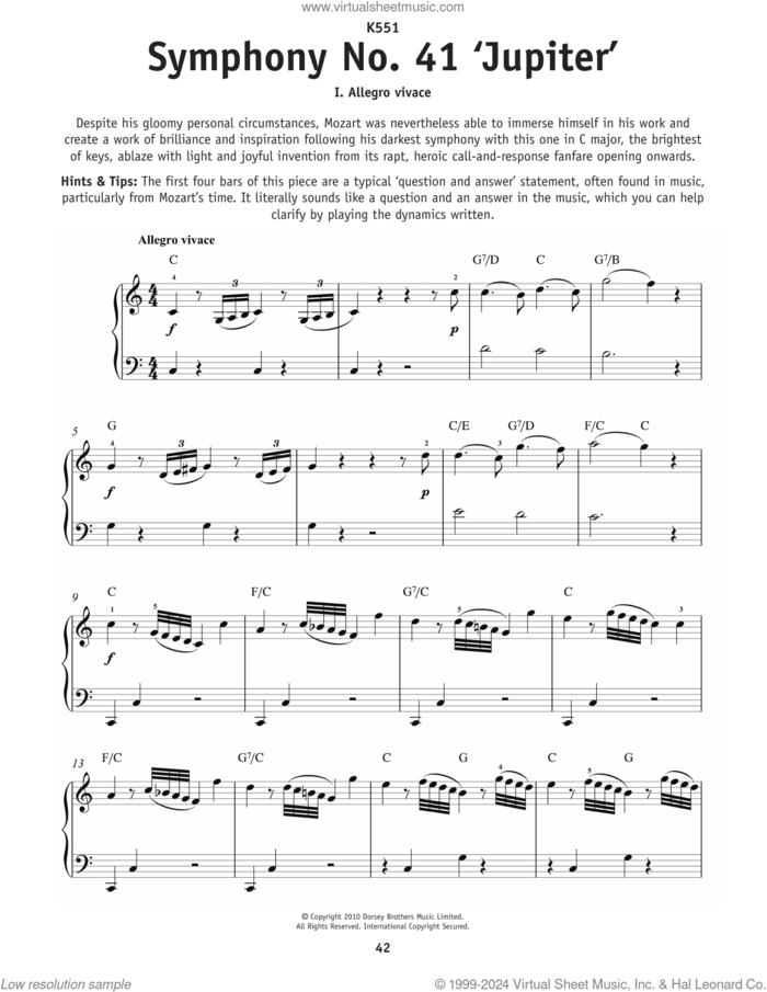 Symphony No. 41 In C Major ('Jupiter'), First Movement Excerpt, (beginner) sheet music for piano solo by Wolfgang Amadeus Mozart, classical score, beginner skill level