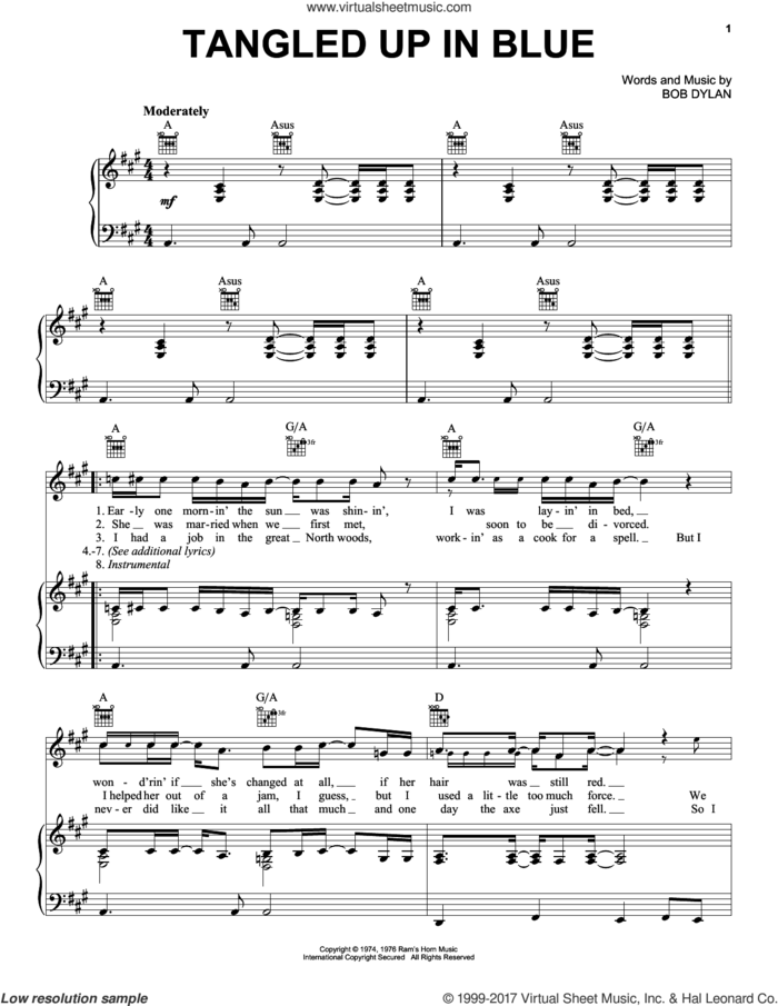 Tangled Up In Blue sheet music for voice, piano or guitar by Bob Dylan, intermediate skill level