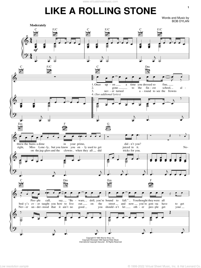 Like A Rolling Stone sheet music for voice, piano or guitar by Bob Dylan, intermediate skill level