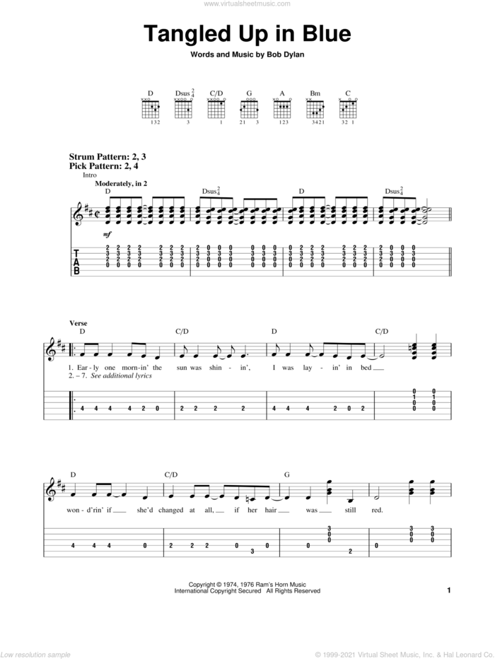 Tangled Up In Blue sheet music for guitar solo (easy tablature) by Bob Dylan, easy guitar (easy tablature)