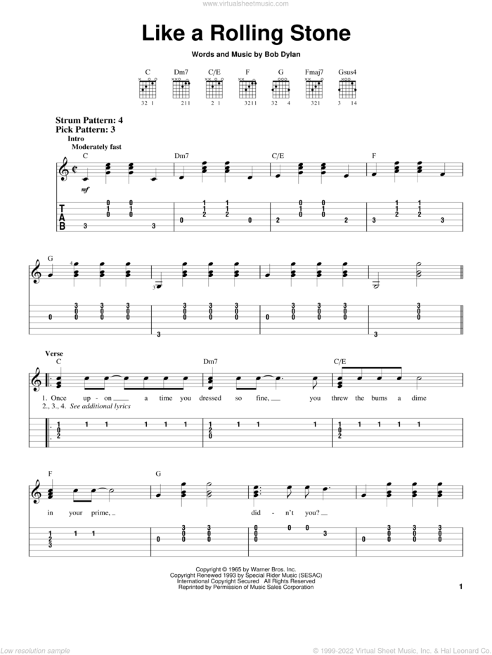 Like A Rolling Stone sheet music for guitar solo (easy tablature) by Bob Dylan, easy guitar (easy tablature)