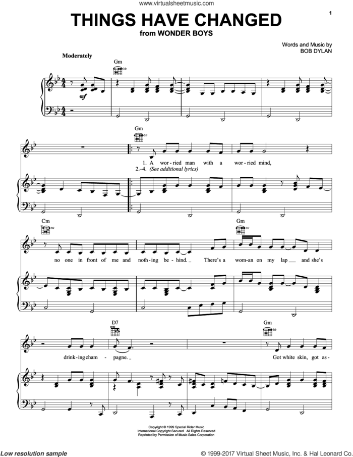 Things Have Changed sheet music for voice, piano or guitar by Bob Dylan, intermediate skill level