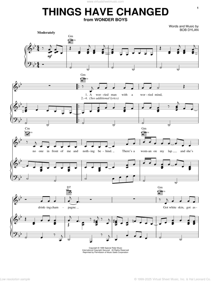 Things Have Changed sheet music for voice, piano or guitar by Bob Dylan, intermediate skill level