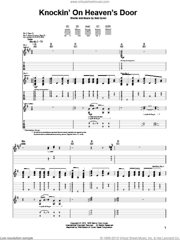 Knockin' On Heaven's Door sheet music for guitar (tablature) by Eric Clapton and Bob Dylan, intermediate skill level