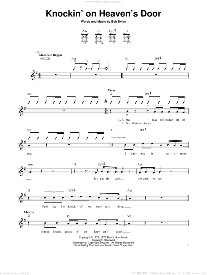 Knockin' On Heaven's Door sheet music for guitar solo (chords) by Eric Clapton and Bob Dylan, easy guitar (chords)