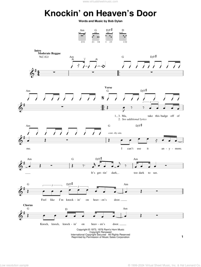 Knockin' On Heaven's Door sheet music for guitar solo (chords) by Eric Clapton and Bob Dylan, easy guitar (chords)