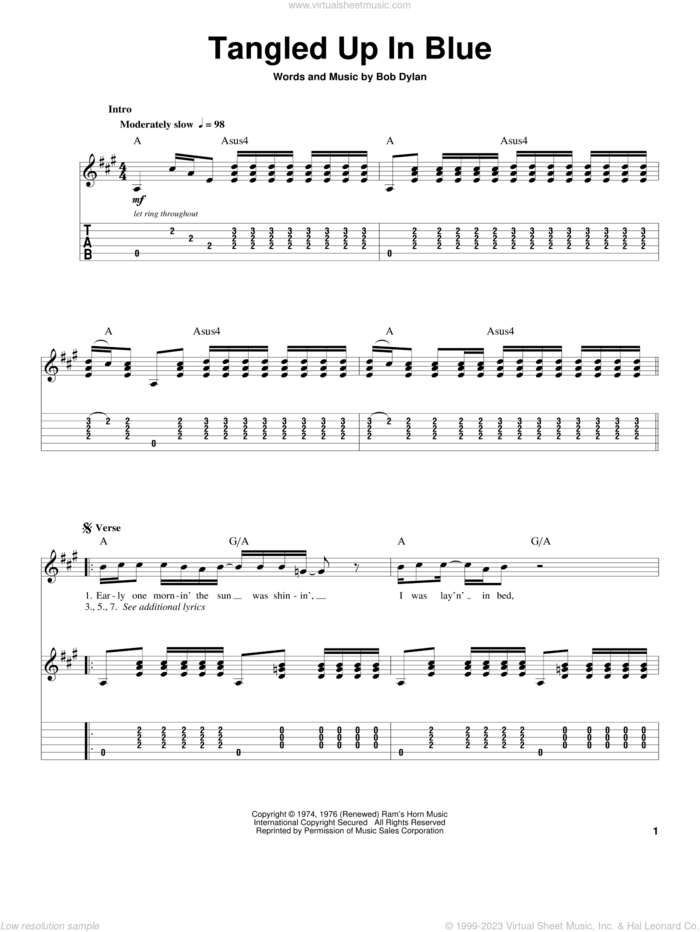 Tangled Up In Blue sheet music for guitar (tablature, play-along) by Bob Dylan, intermediate skill level
