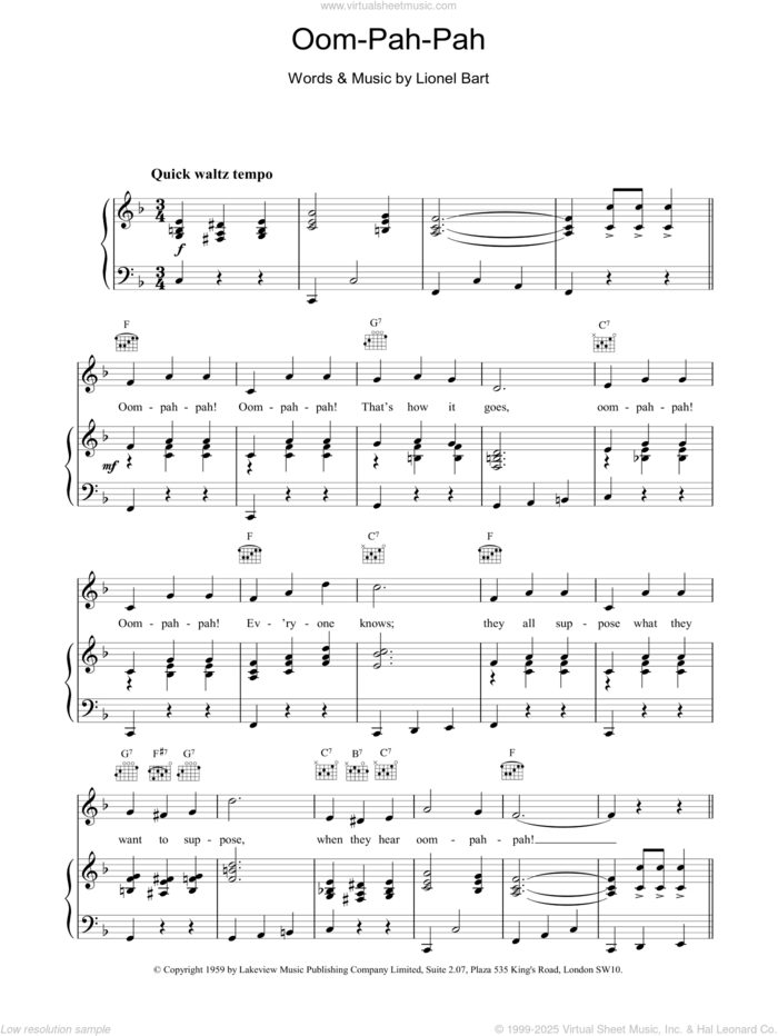 Oom-Pah-Pah sheet music for voice, piano or guitar by Lionel Bart, intermediate skill level