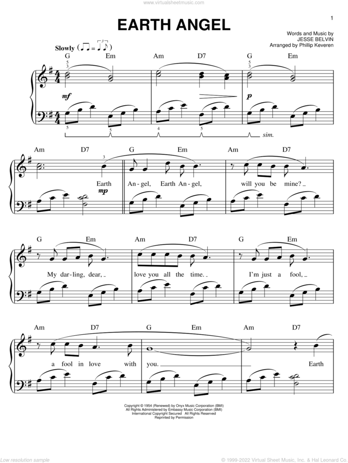 Earth Angel (arr. Phillip Keveren) sheet music for piano solo by The Crew-Cuts, Phillip Keveren, The Penguins and Jesse Belvin, easy skill level