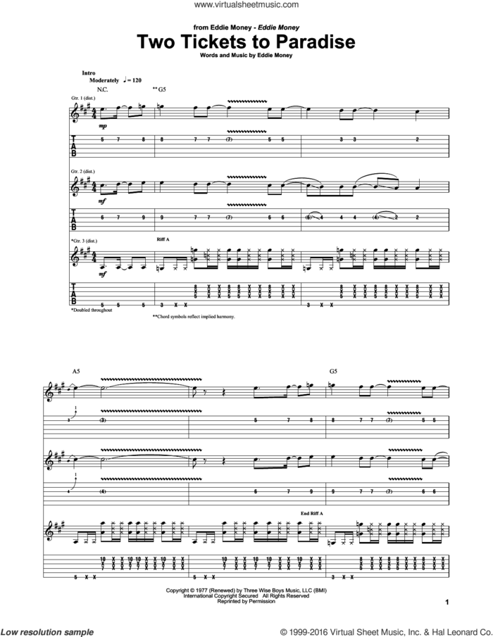 Two Tickets To Paradise sheet music for guitar (tablature) by Eddie Money, intermediate skill level