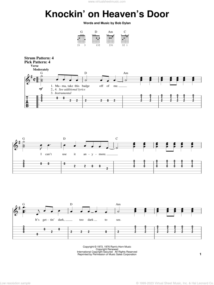 Knockin' On Heaven's Door sheet music for guitar solo (easy tablature) by Eric Clapton and Bob Dylan, easy guitar (easy tablature)