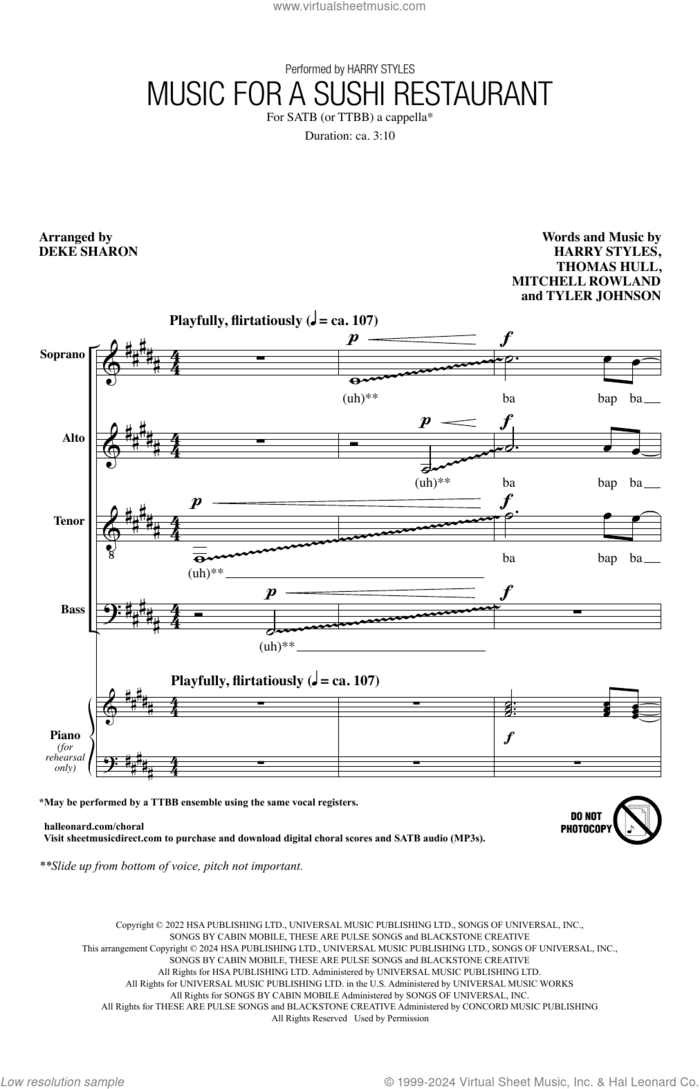 Music For A Sushi Restaurant (arr. Deke Sharon) sheet music for choir (SATB: soprano, alto, tenor, bass) by Harry Styles, Deke Sharon, Mitchell Rowland, Tom Hull and Tyler Johnson, intermediate skill level