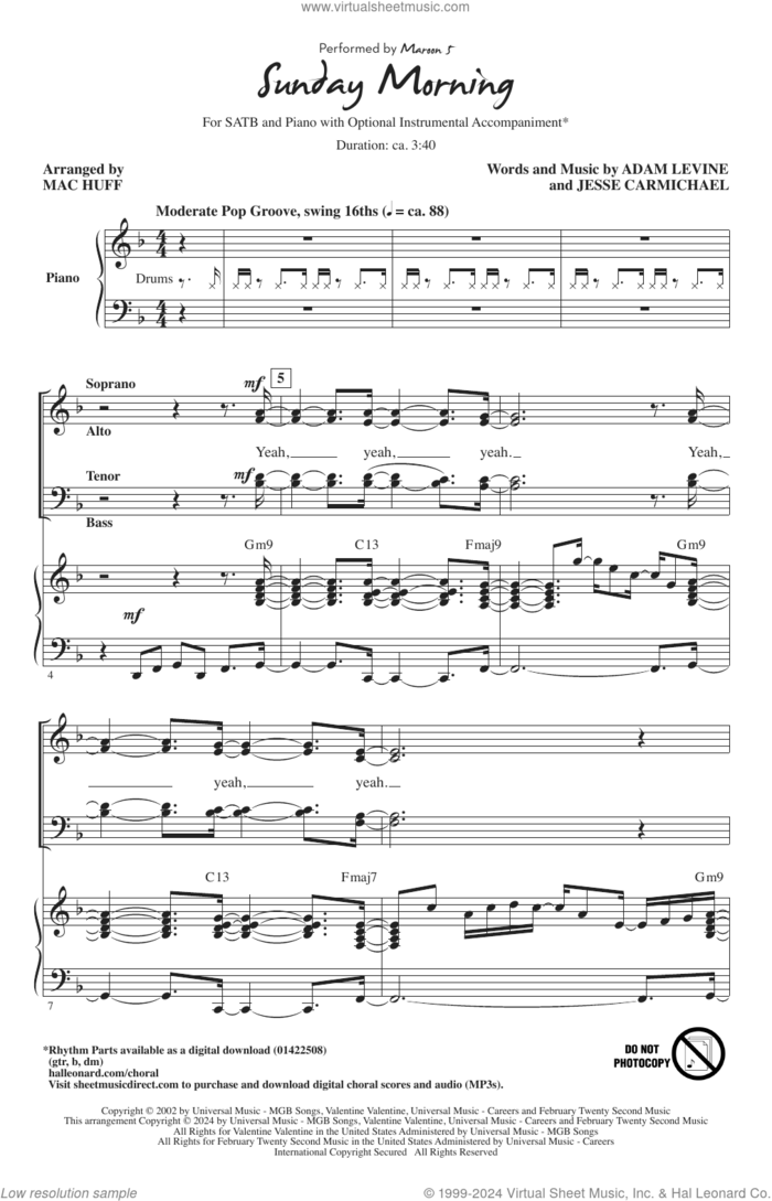 Sunday Morning (arr. Mac Huff) sheet music for choir (SATB: soprano, alto, tenor, bass) by Maroon 5, Mac Huff, Adam Levine, James Valentine, Jesse Carmichael, Michael Madden and Ryan Dusick, intermediate skill level