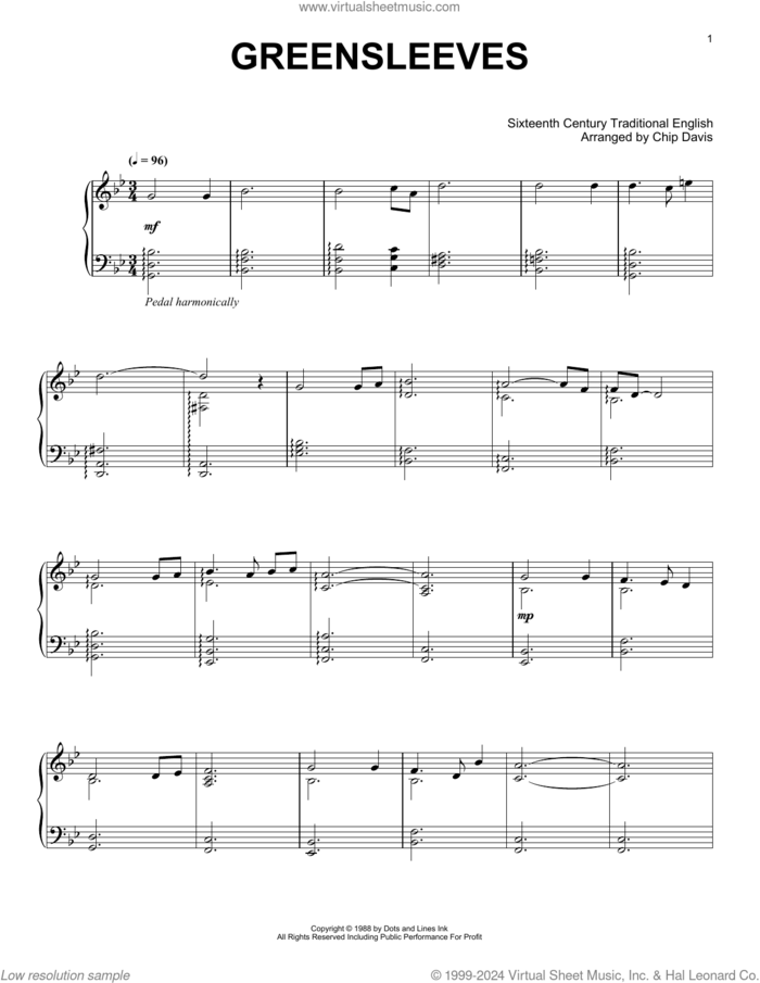 Greensleeves sheet music for piano solo by Mannheim Steamroller and Chip Davis, intermediate skill level