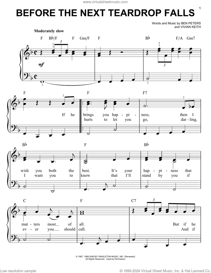 Before The Next Teardrop Falls sheet music for piano solo by Freddy Fender, Ben Peters and Vivian Keith, easy skill level