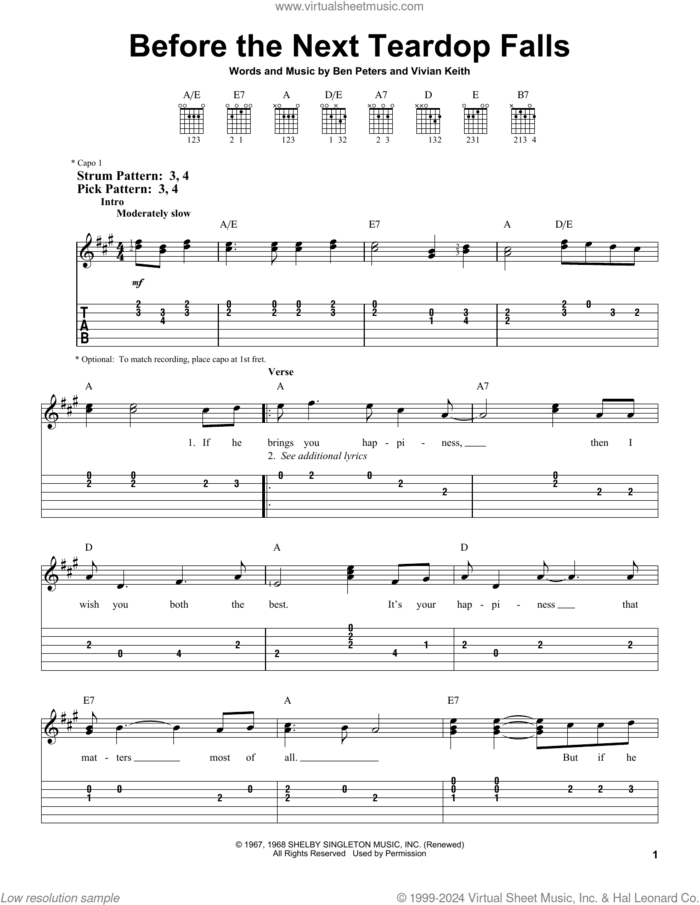 Before The Next Teardrop Falls sheet music for guitar solo (easy tablature) by Freddy Fender, Ben Peters and Vivian Keith, easy guitar (easy tablature)