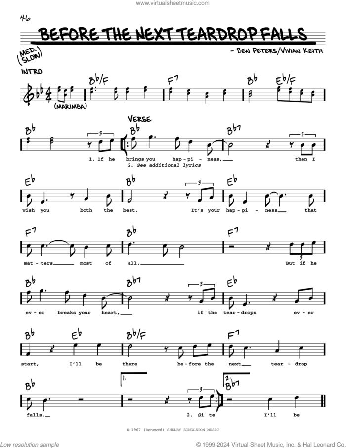 Before The Next Teardrop Falls sheet music for voice and other instruments (real book with lyrics) by Freddy Fender, Ben Peters and Vivian Keith, intermediate skill level