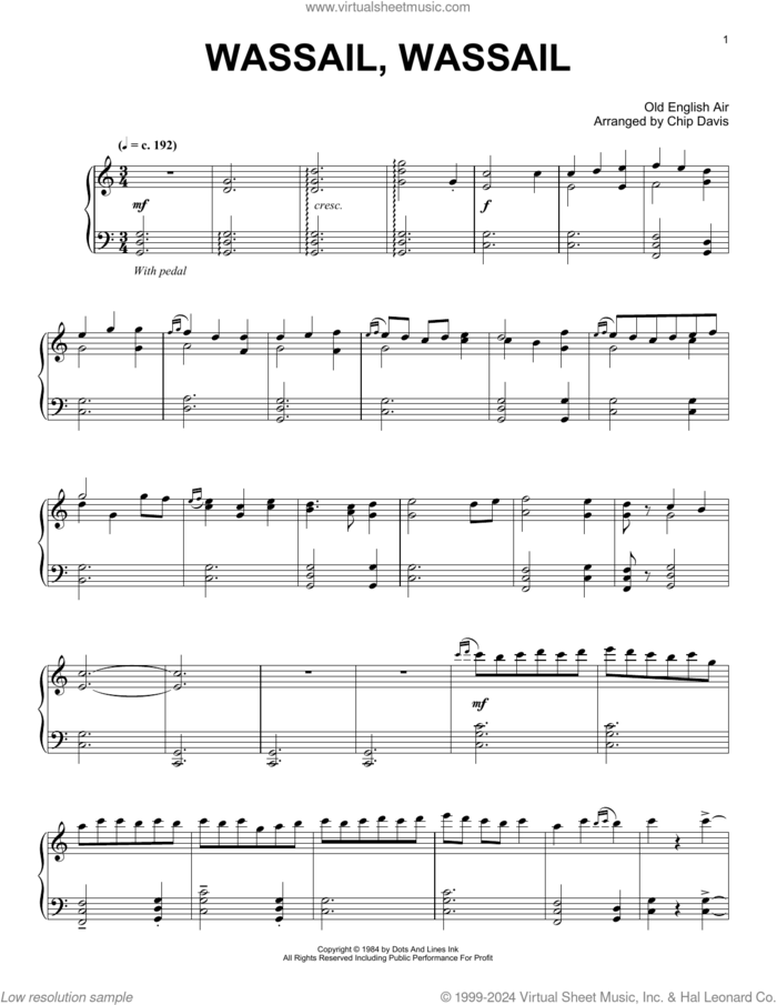 Wassail, Wassail sheet music for piano solo by Mannheim Steamroller, Chip Davis and Old English Air, intermediate skill level